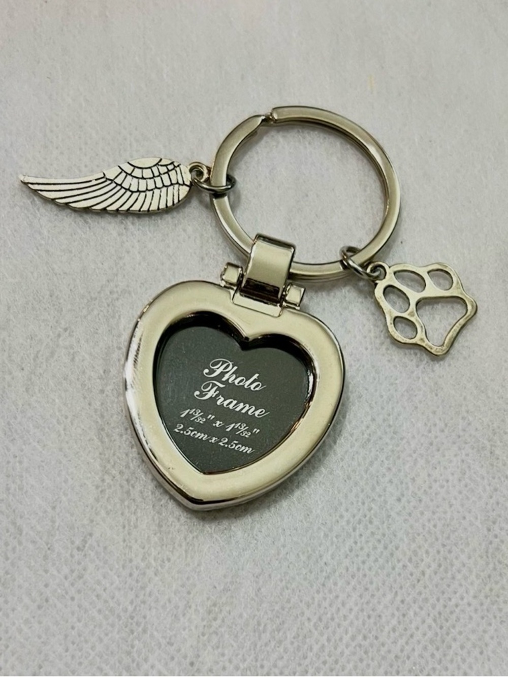 Heart Photo Frame Keychain with Wing & Paw Charms - Silver